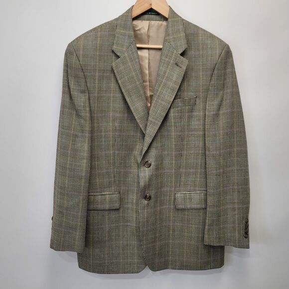 Lauren Ralph Lauren Silk Wool Sport Coat‎ Blazer Mens 41R Tan Black Glen Check - Picture 1 of 10